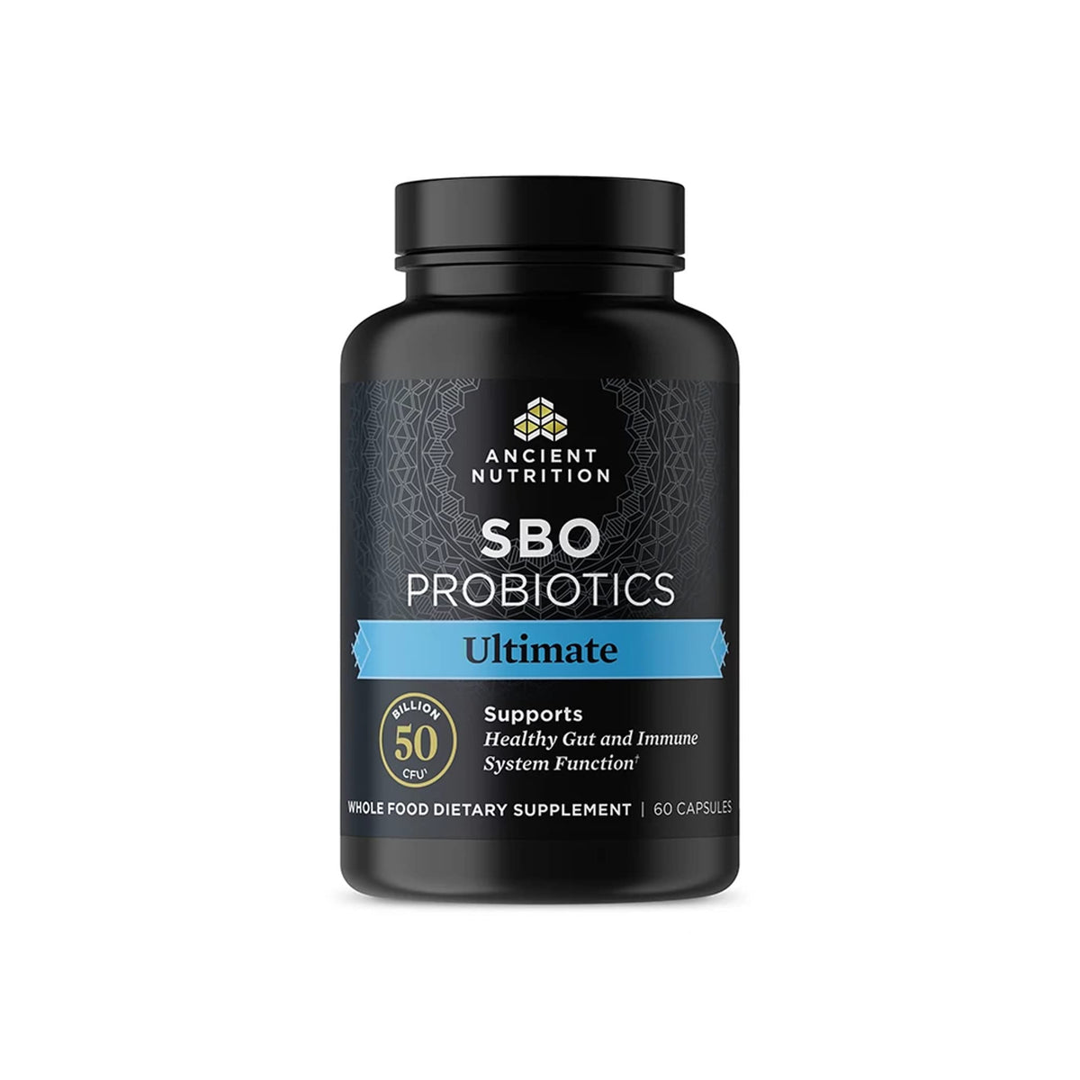 Ancient Nutrition SBO Probiotics Ultimate, botella, posible apoyo digestivo diario.