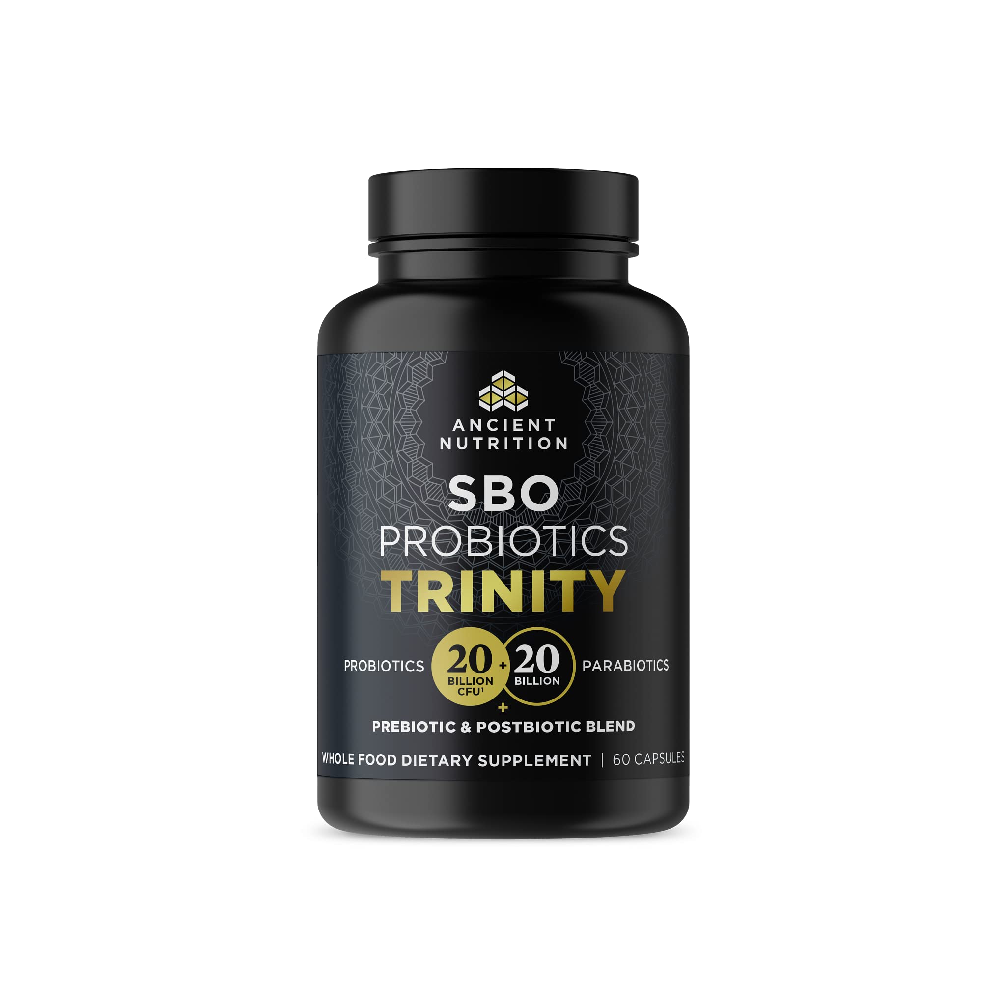 Ancient Nutrition SBO Probiotic Trinity en botella de cápsulas para apoyo digestivo diario.