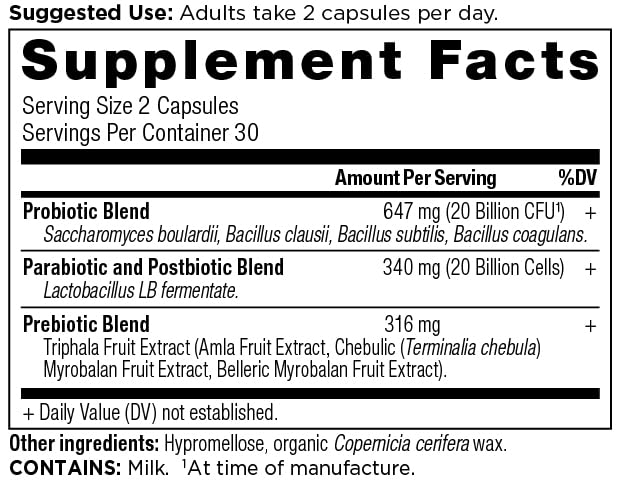 Ancient Nutrition SBO Probiotic Trinity cápsulas visibles en frasco para uso diario.