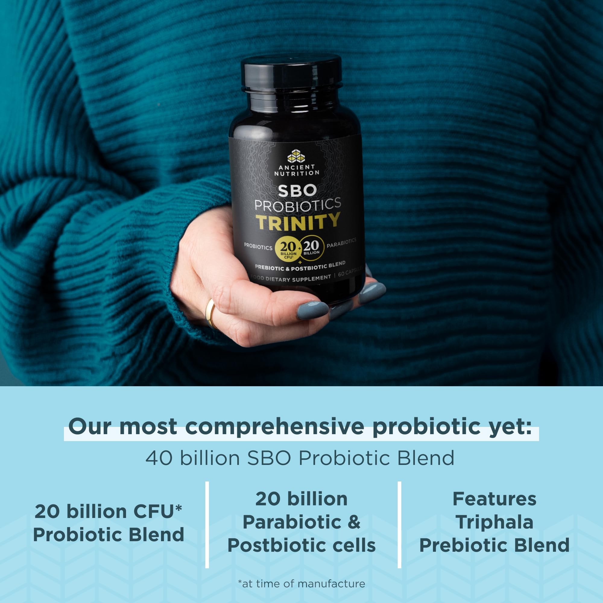 Tomar Ancient Nutrition SBO Probiotic Trinity en ayunas para mejor absorción.