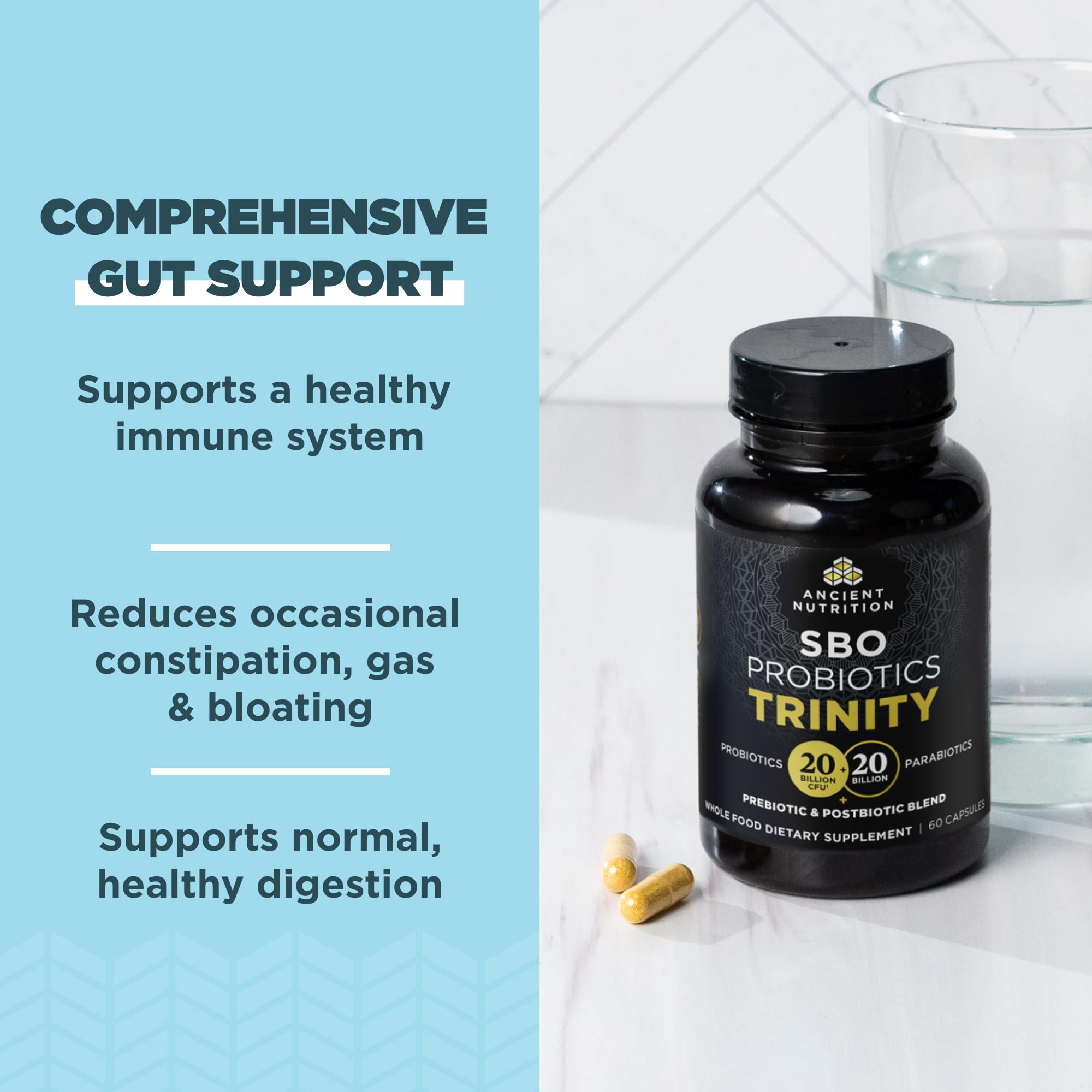 Etiqueta frontal de Ancient Nutrition SBO Probiotic Trinity con información de la fórmula.