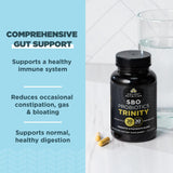 Etiqueta frontal de Ancient Nutrition SBO Probiotic Trinity con información de la fórmula.