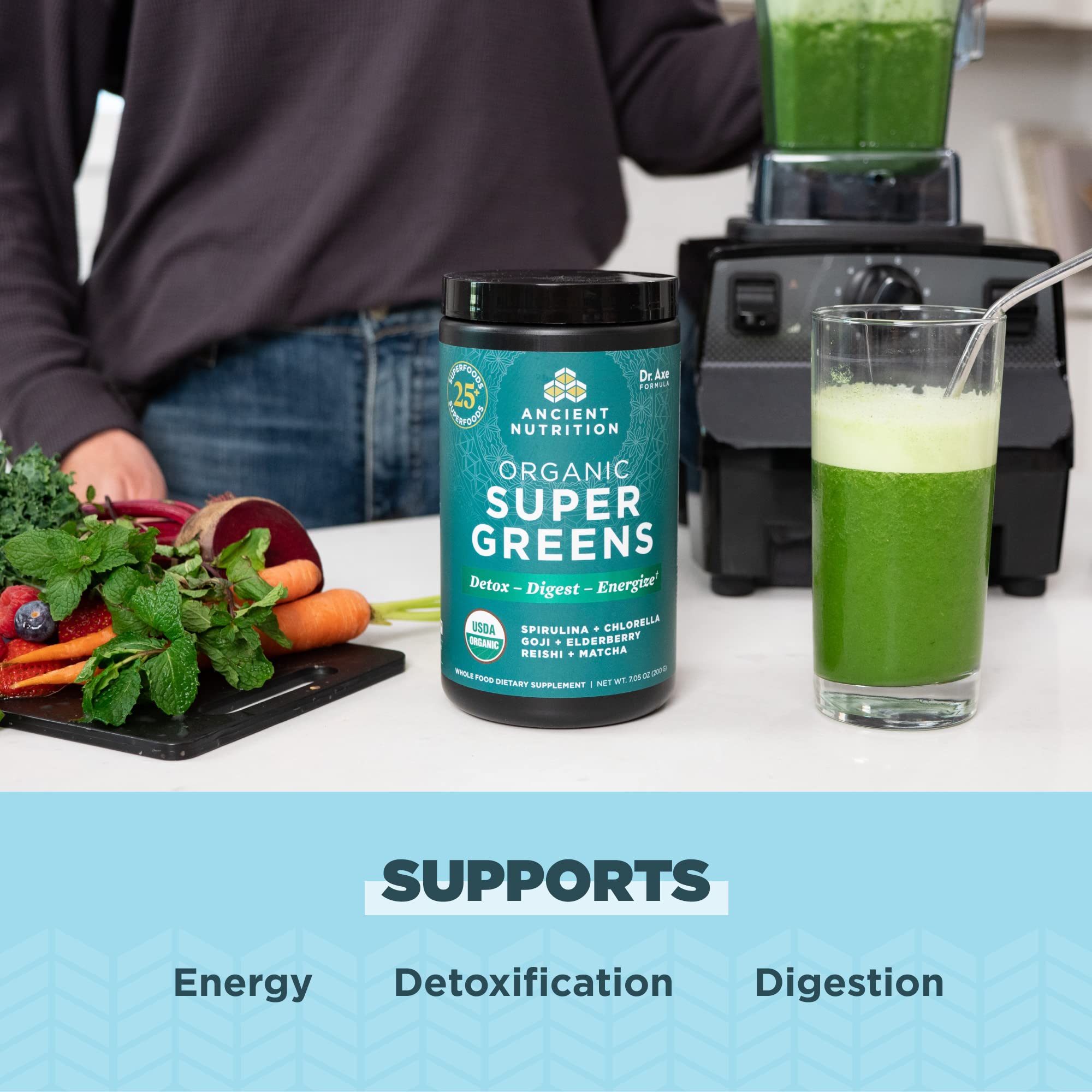 Etiqueta de Ancient Nutrition Super Greens con ingredientes