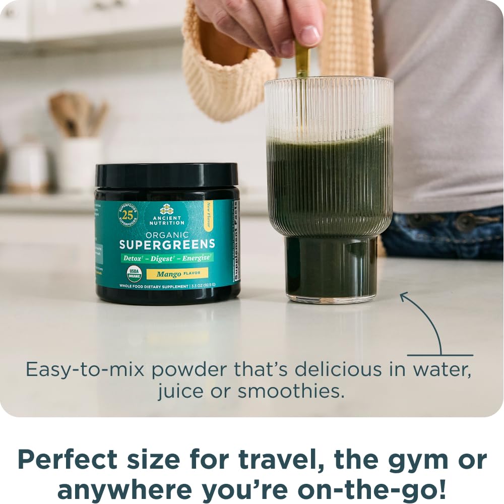 Ancient Nutrition SuperGreens ashwagandha, opción energizante para el día.