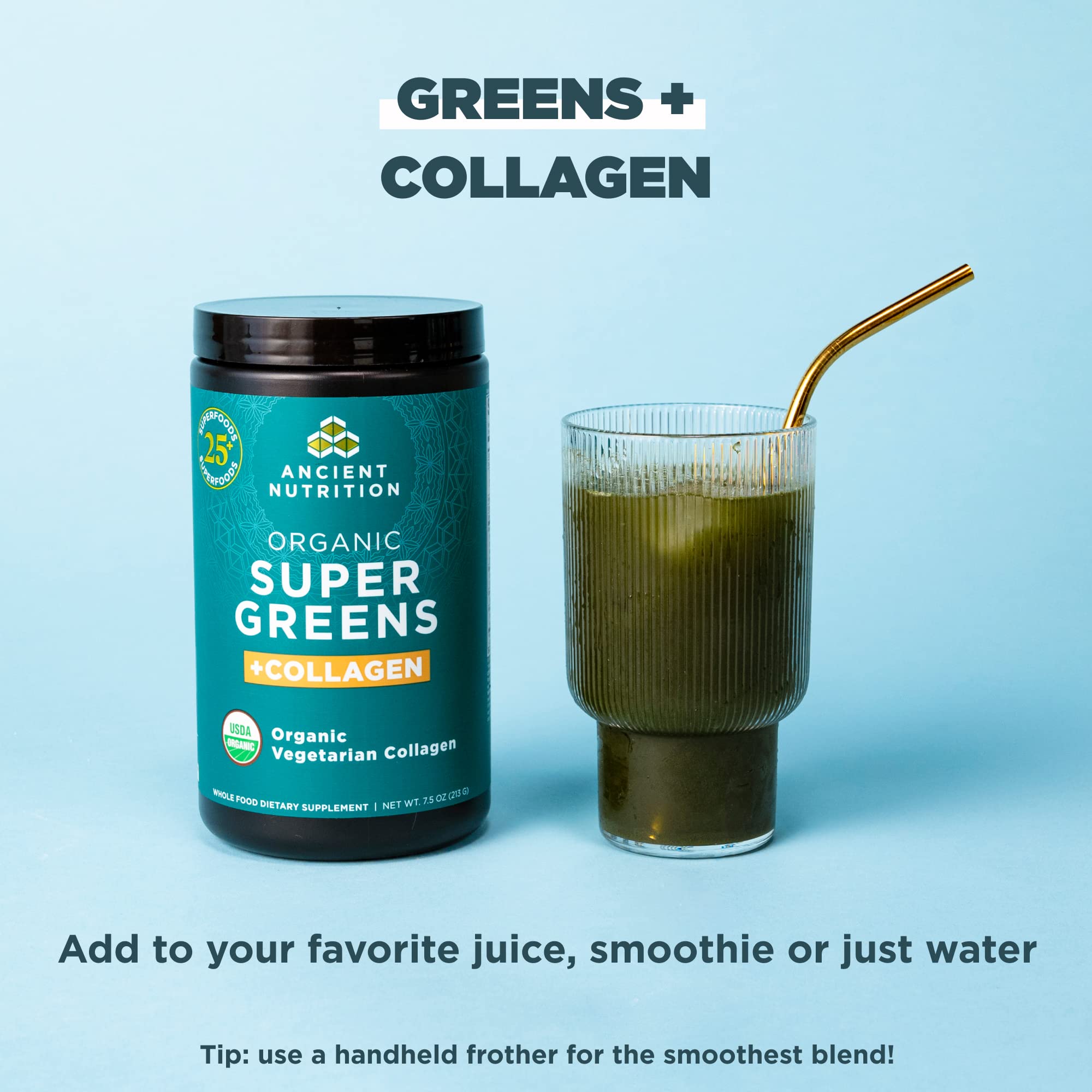 Batido con Ancient Nutrition SuperGreens y colágeno vegetariano para piel y articulaciones