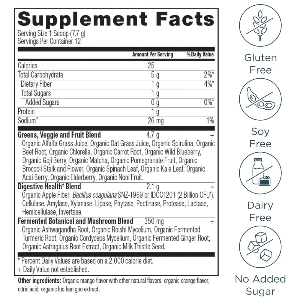 Ancient Nutrition SuperGreens batido verde, color vibrante y nutritivo.