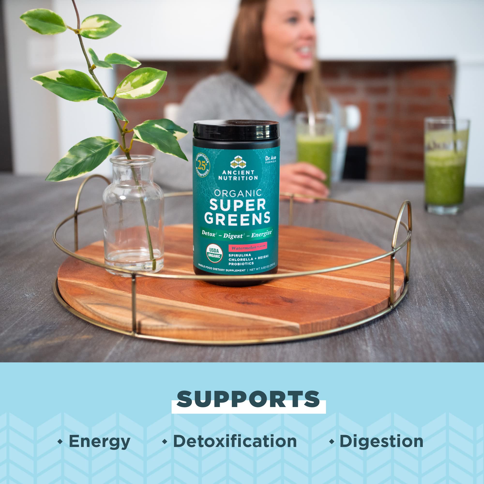 Ancient Nutrition SuperGreens cuchara medidora facilita dosis diaria