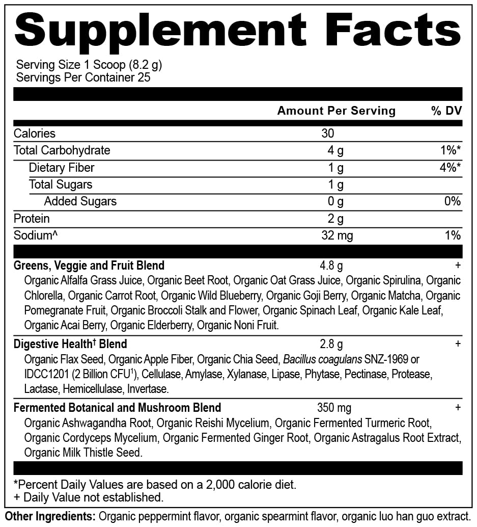 Cucharada medidora de Ancient Nutrition SuperGreens para comenzar el día.