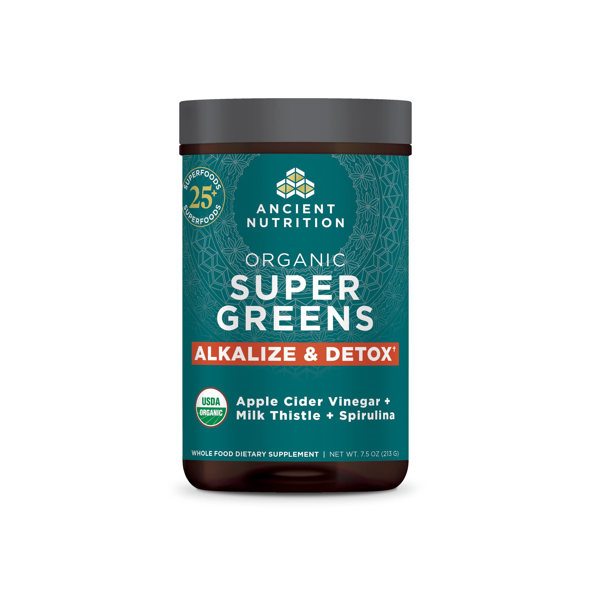Tubo de Ancient Nutrition Supergreens Detox polvo verde para desintoxicación suave