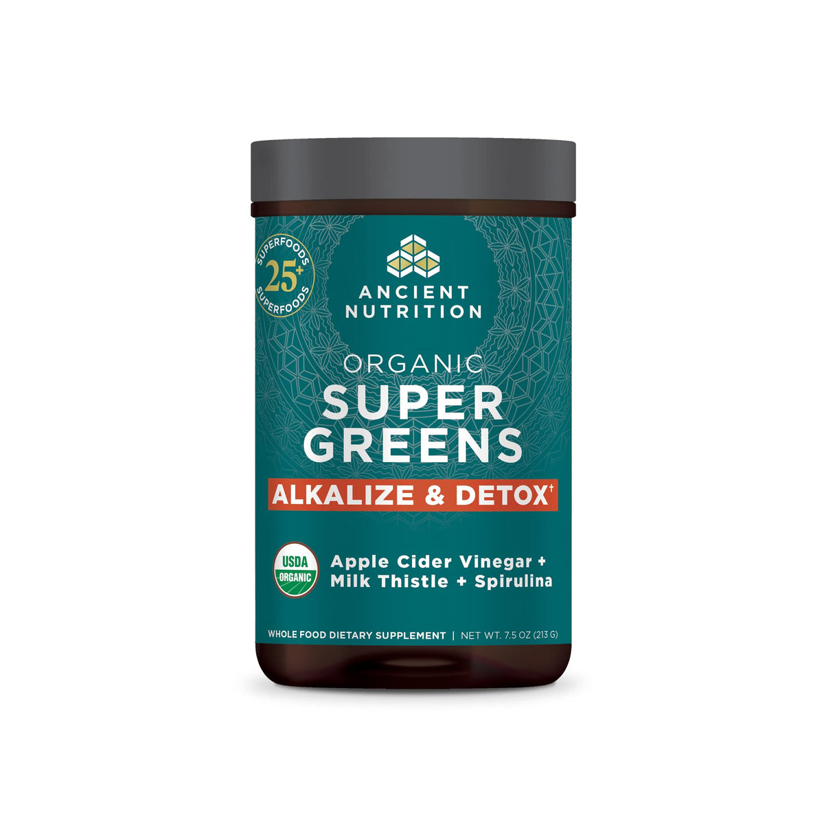 Tubo de Ancient Nutrition Supergreens Detox polvo verde para desintoxicación suave