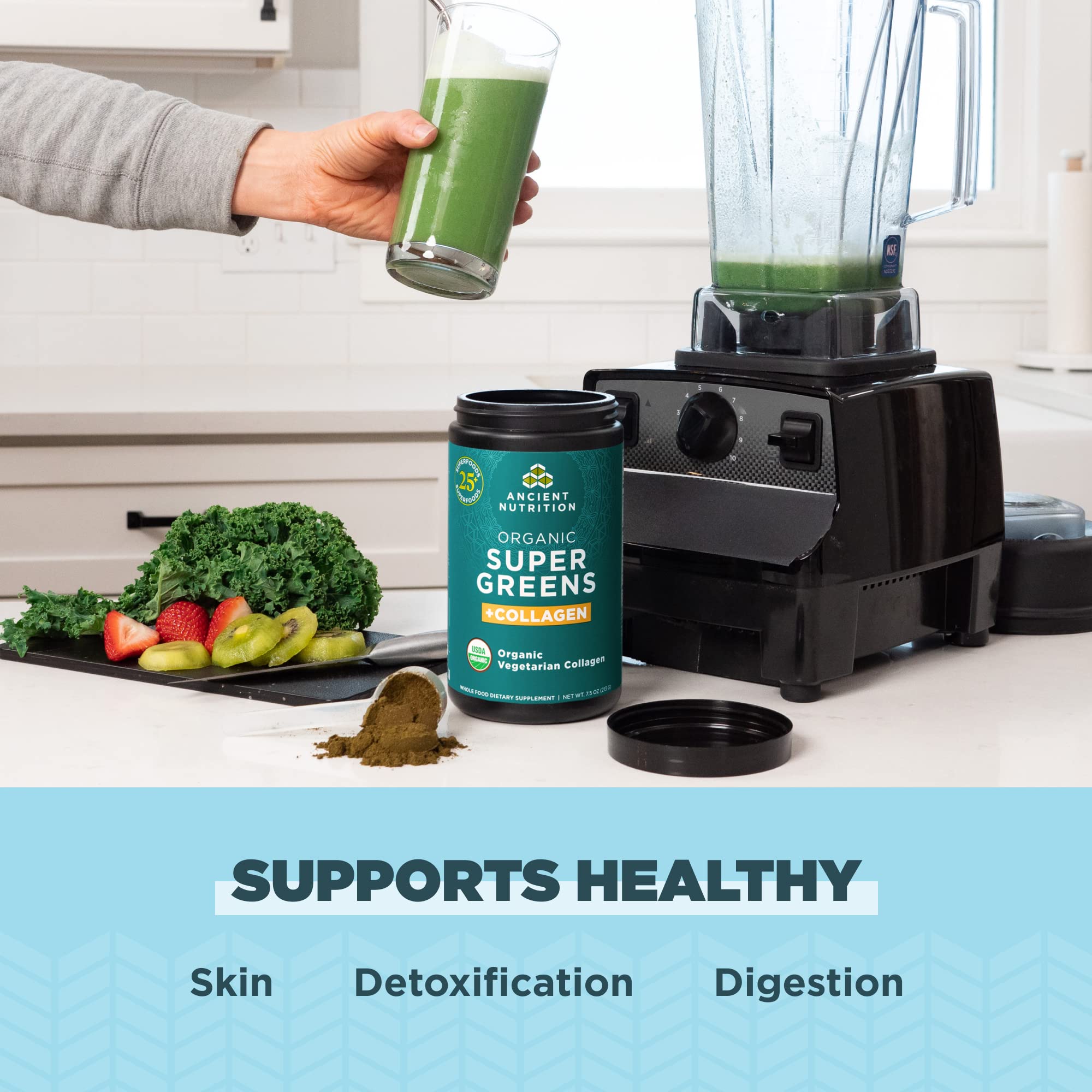 Disolución en agua o jugo con Ancient Nutrition SuperGreens