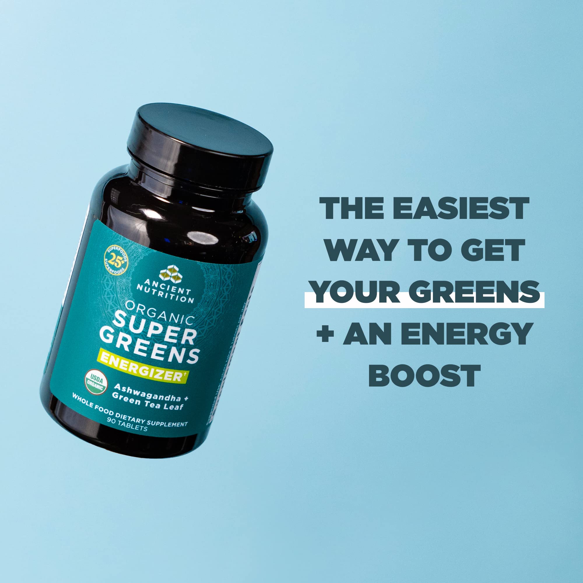 Ancient Nutrition Supergreens Energizer facilidad para tragar en cualquier momento.