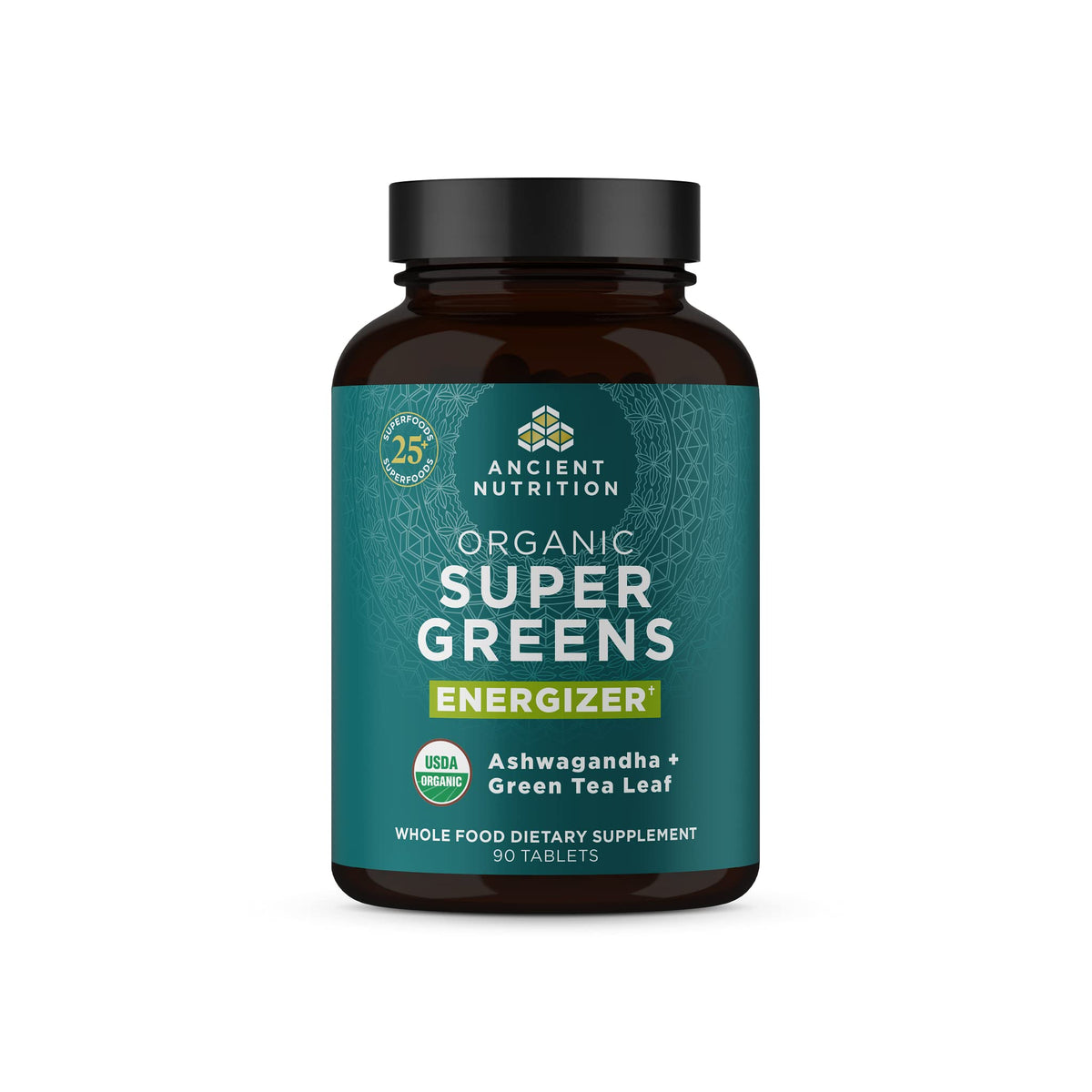 Ancient Nutrition Supergreens Energizer con fruta real para energía diaria.