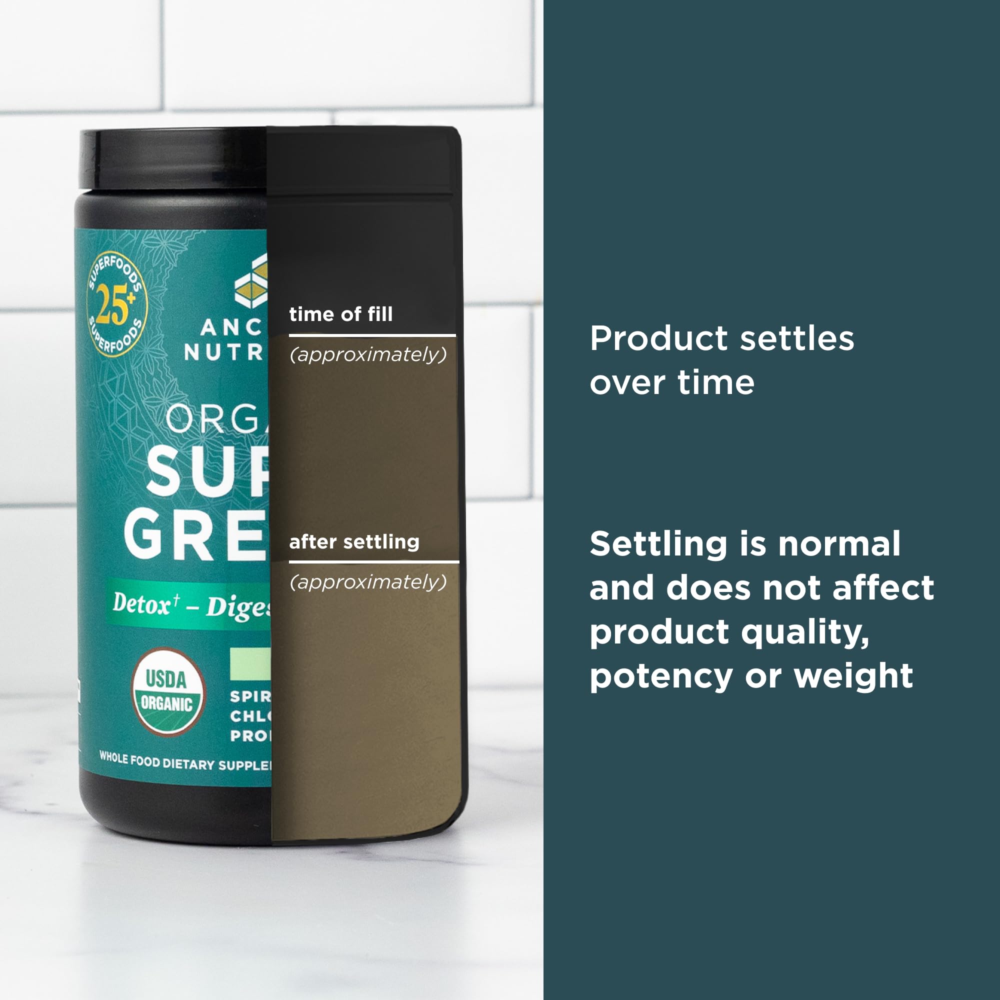 Envase de Ancient Nutrition SuperGreens producido en EE. UU. con control GMP.