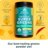 Ancient Nutrition SuperGreens en bote con etiqueta orgánica certificada.