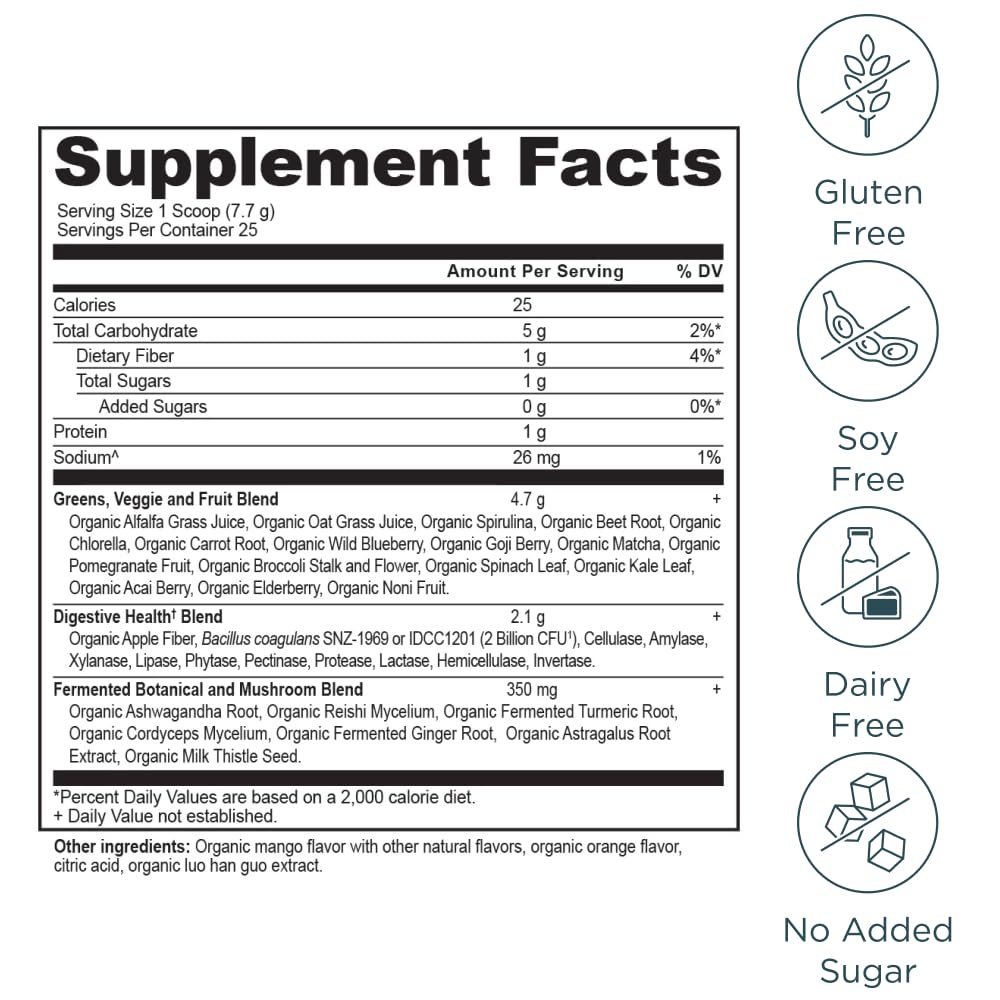 Ancient Nutrition SuperGreens con ingredientes reales: mezcla de frutas y verduras.
