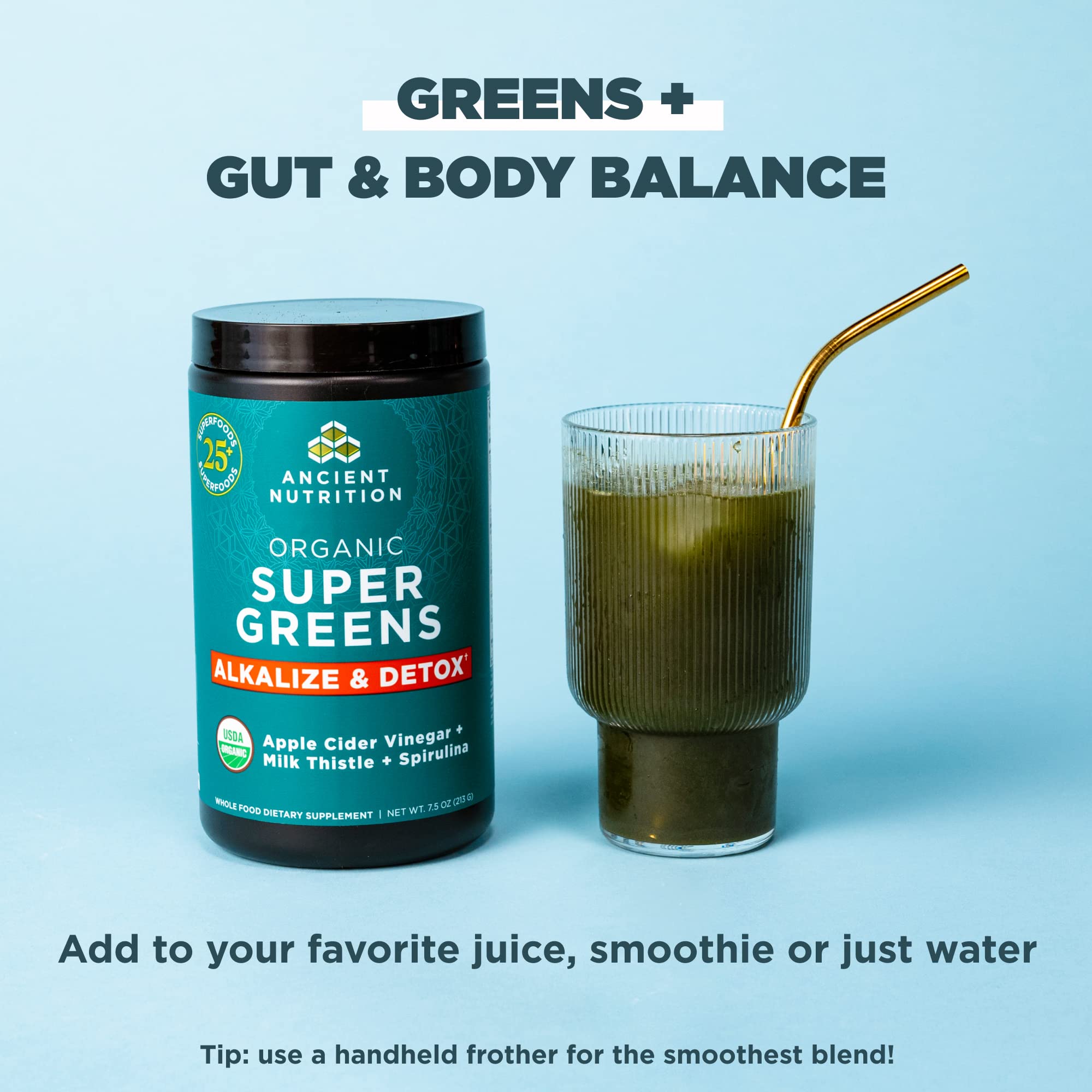 Ingredientes clave: spirulina y alfalfa en Ancient Nutrition Supergreens
