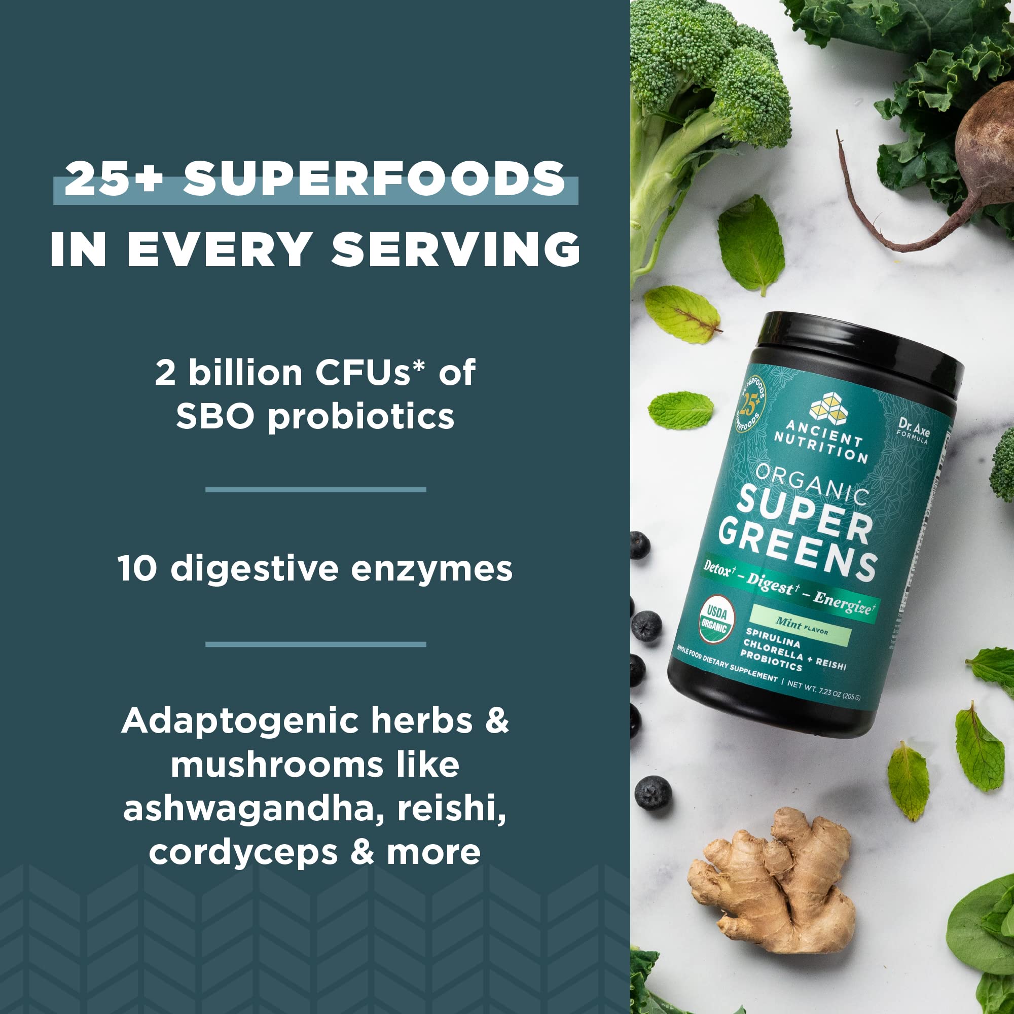 Ingredientes de spirulina y frutos antioxidantes en Ancient Nutrition SuperGreens.