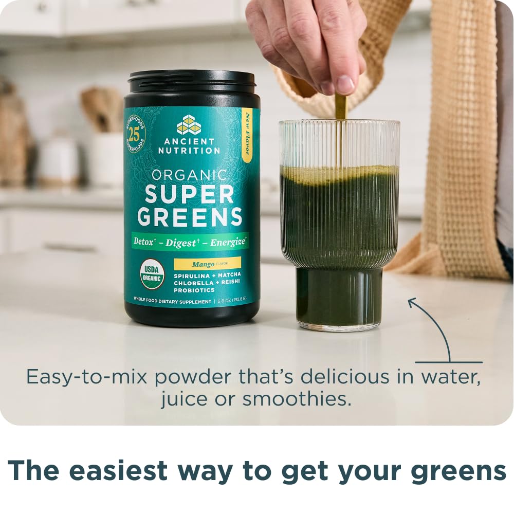 Ancient Nutrition SuperGreens para apoyo digestivo suave.