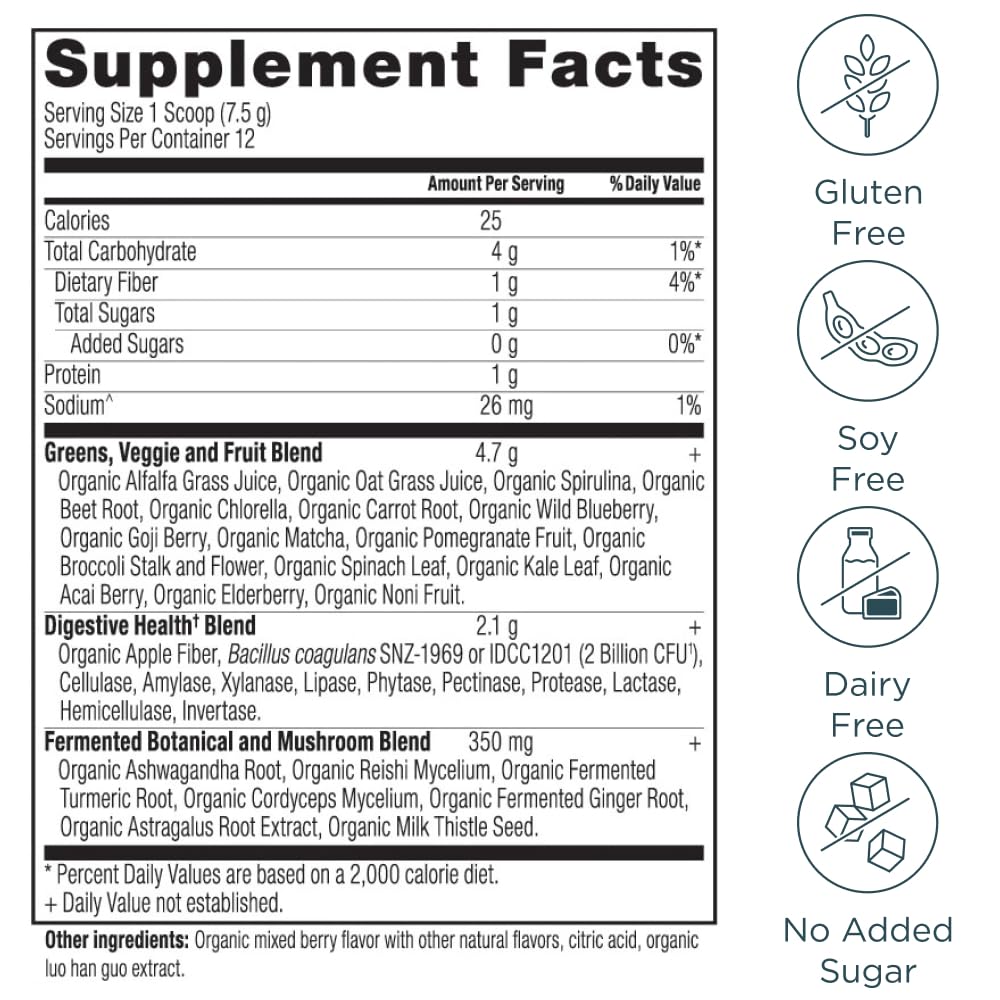 Ancient Nutrition SuperGreens mezcla en vaso para un impulso verde rápido.