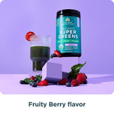 Ancient Nutrition SuperGreens mezcla verduras-frutas: sabor a bayas y aporte nutritivo.