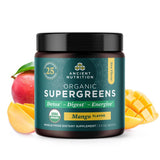 Ancient Nutrition SuperGreens polvo de ingredientes orgánicos, ideal para batidos saludables.