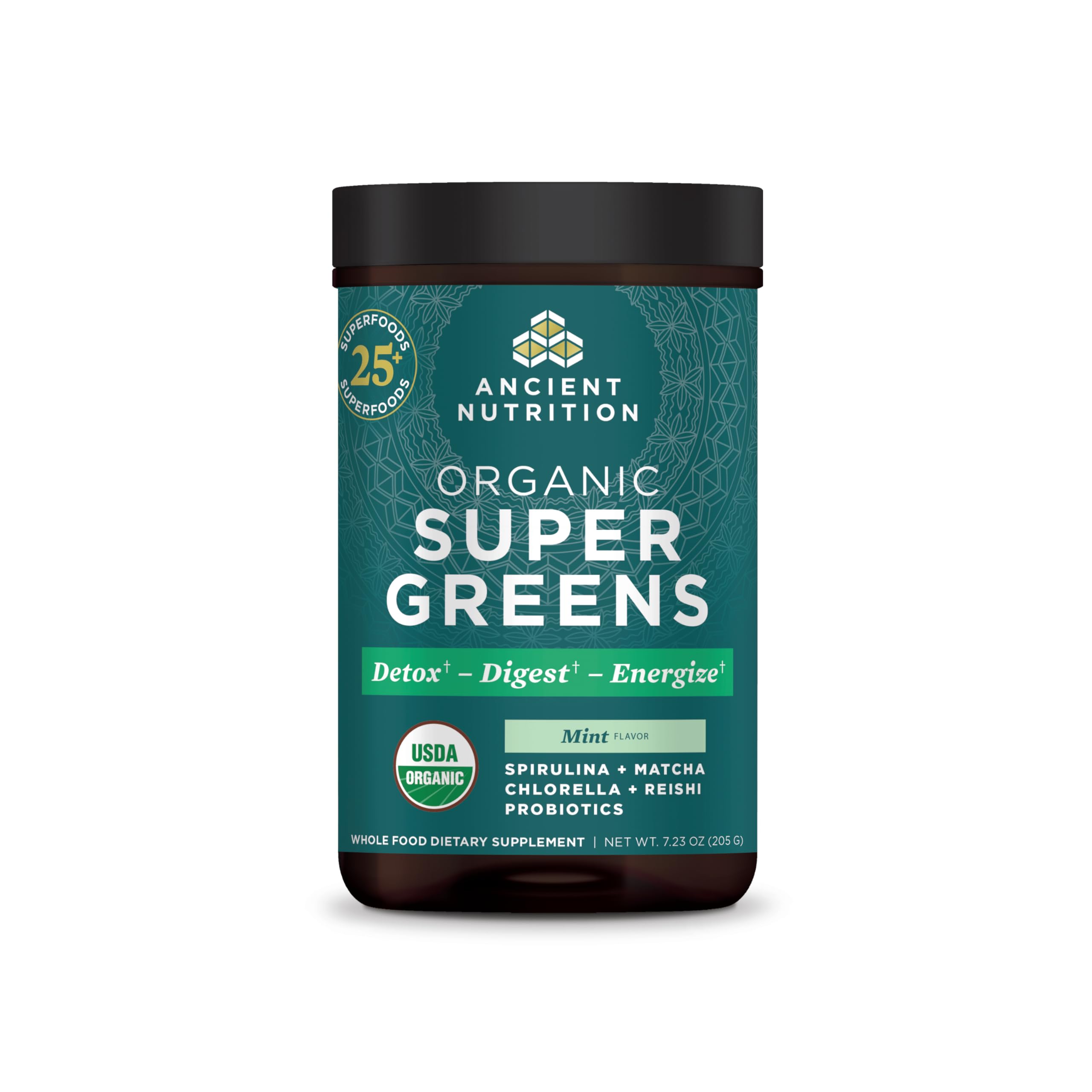 Ancient Nutrition SuperGreens polvo de menta orgánico para energía diaria.
