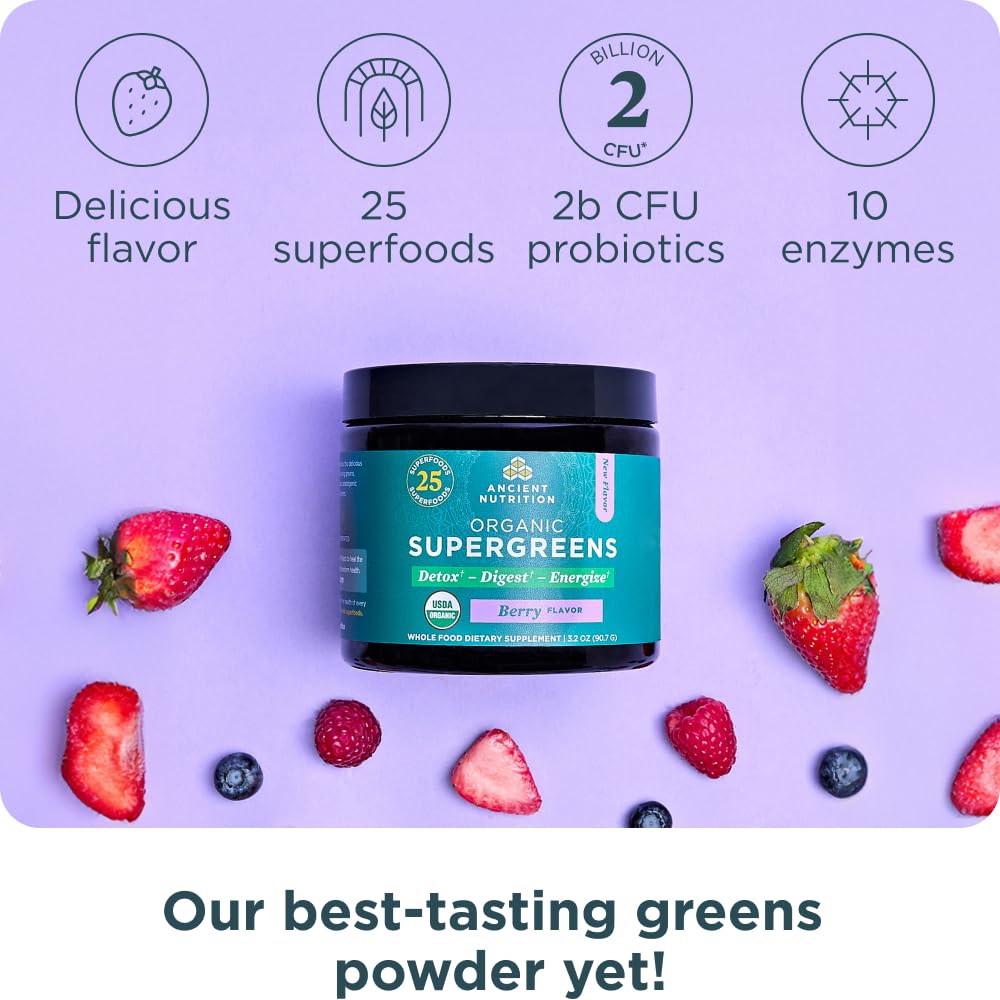 Ancient Nutrition SuperGreens sabor frambuesa orgánico, refrescante en cada sorbo.