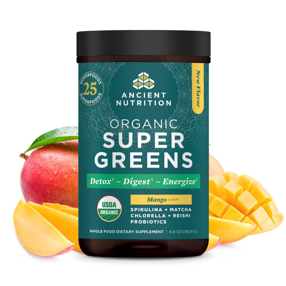 Ancient Nutrition SuperGreens sabor mango, polvo para batidos y energía diaria.