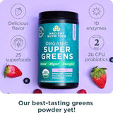 Ancient Nutrition SuperGreens vaso smoothie verde: lista para consumir como desayuno rápido.