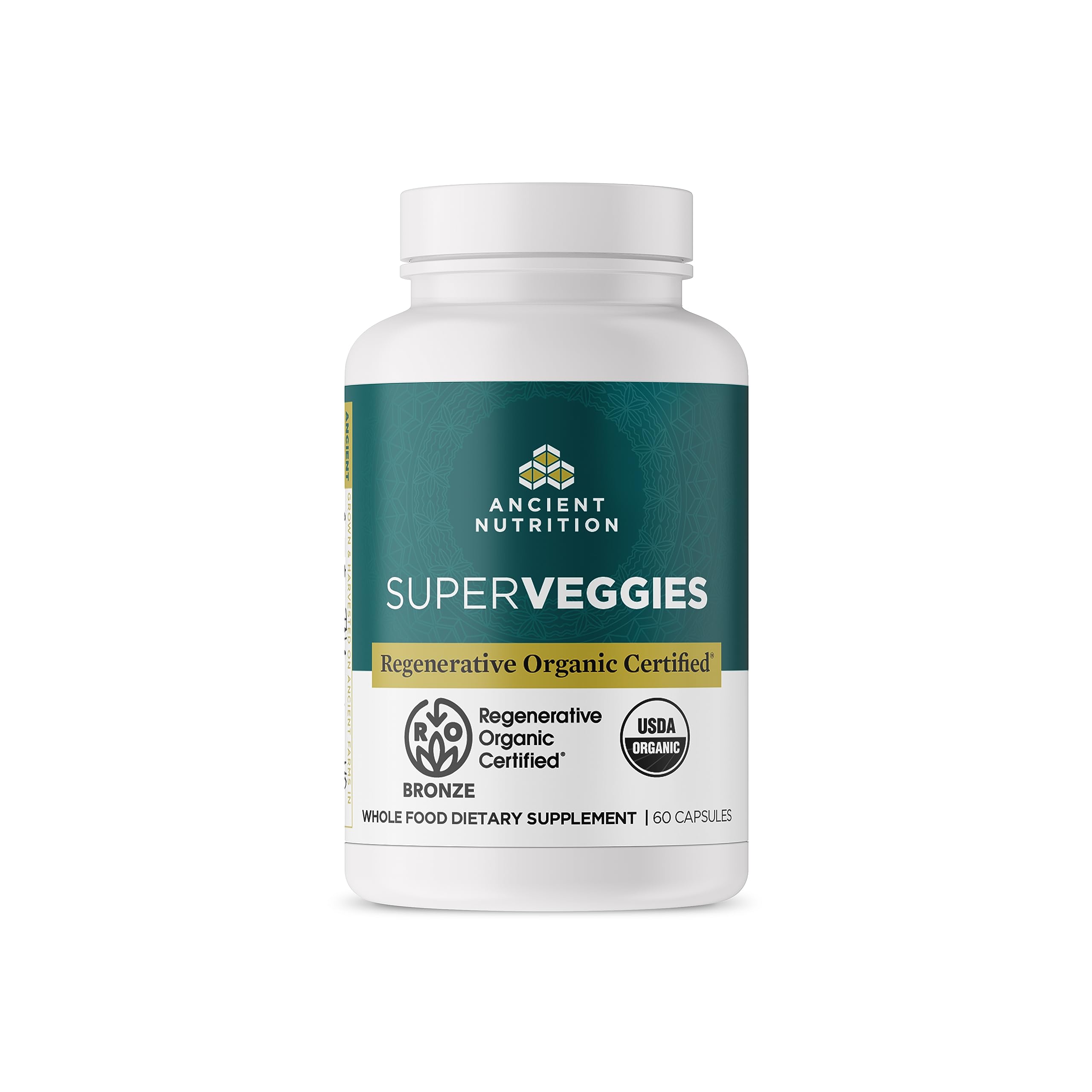 Ancient Nutrition SuperVeggies cápsulas en bote para consumo diario.