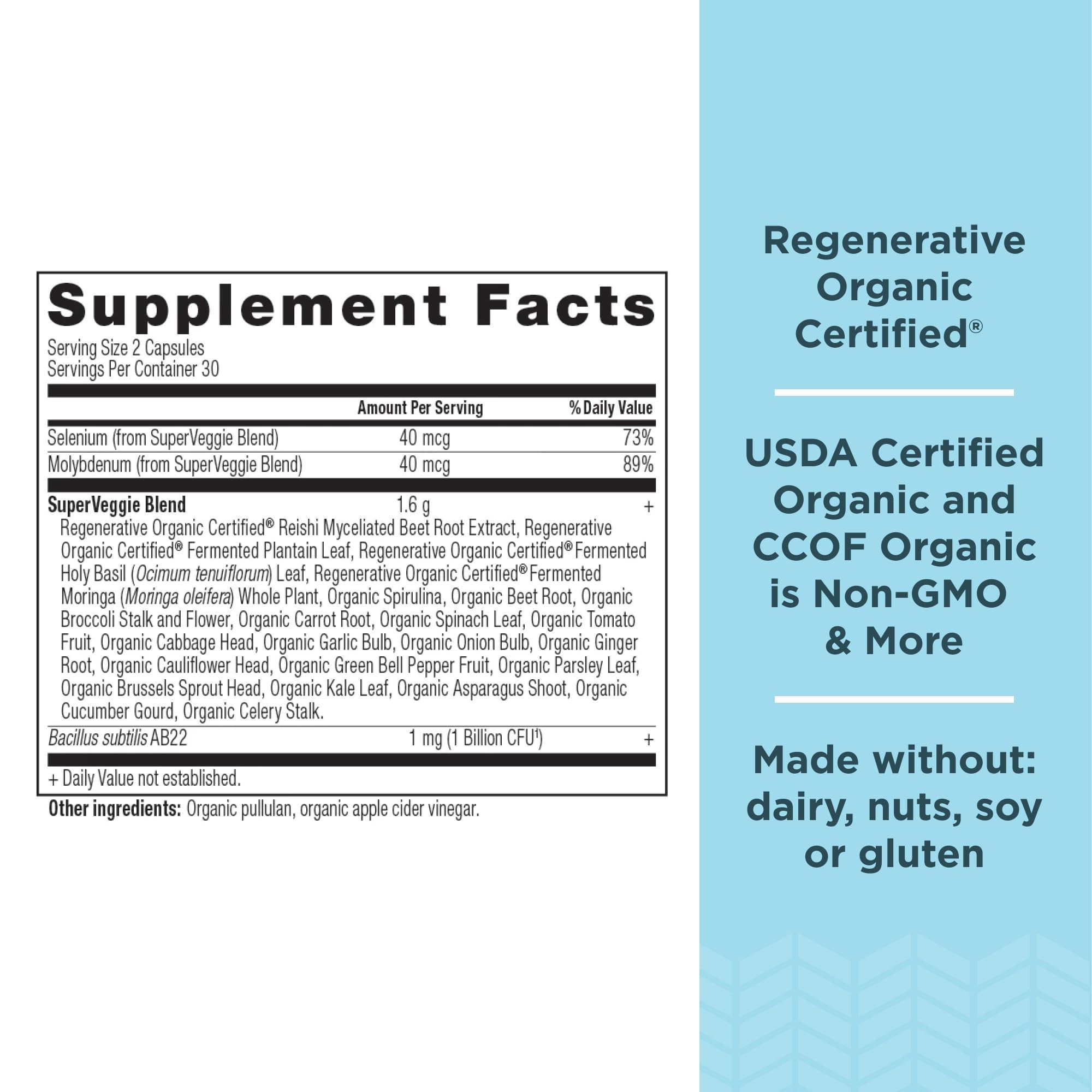Etiqueta de Ancient Nutrition SuperVeggies con lista de ingredientes.
