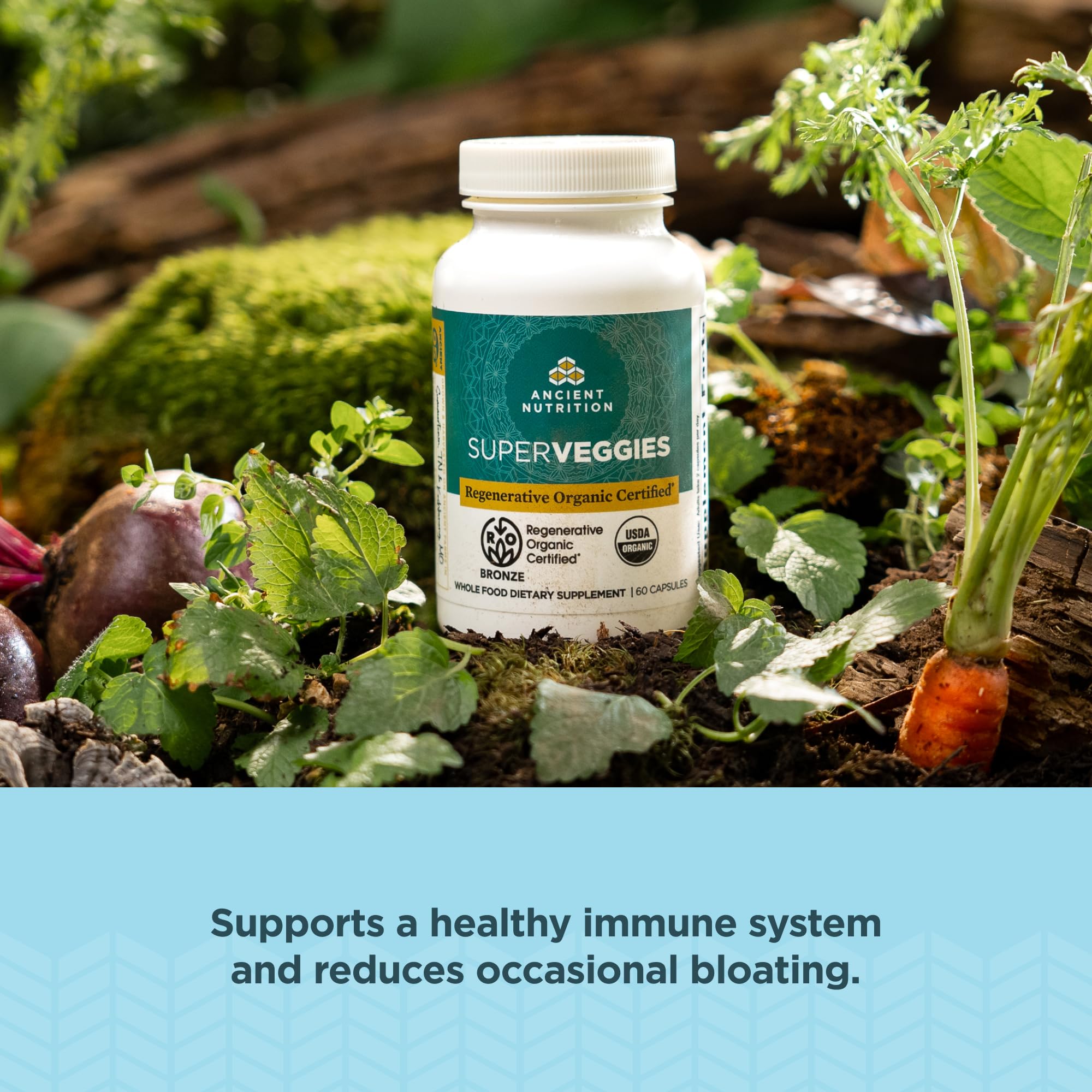 Cápsulas de Ancient Nutrition SuperVeggies con probióticos para complementar la dieta.
