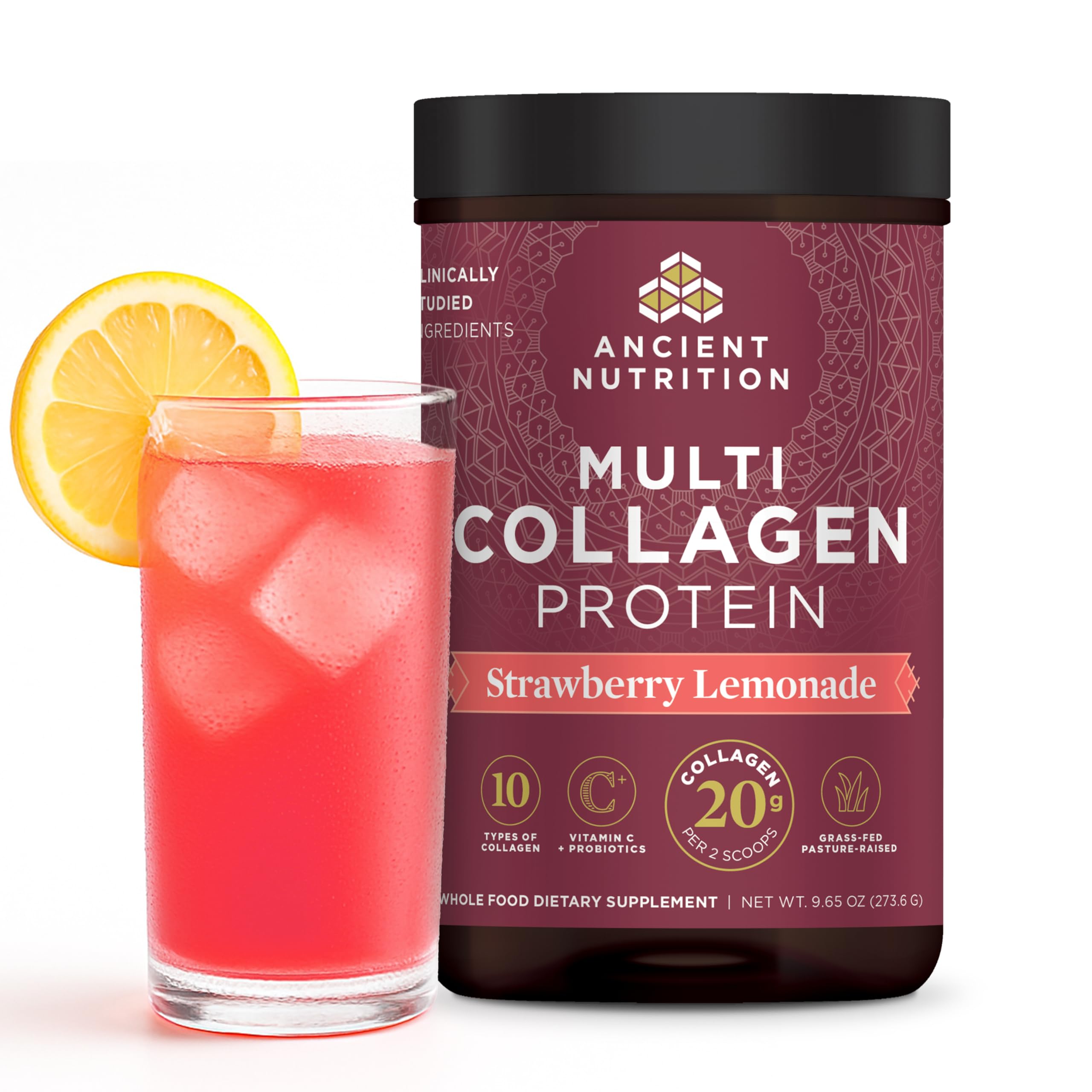 Ancient Nutrition tarro de polvos de colágeno multi, sabor fresa-limón para batidos