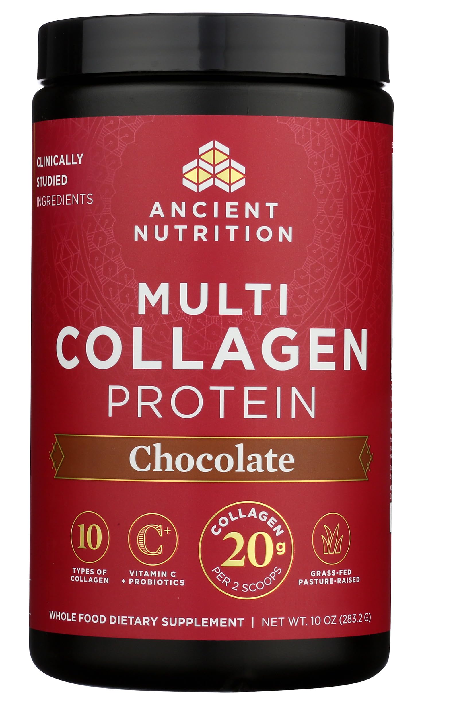 Tubo de Ancient Nutrition colageno chocolate abierto listo para mezclar.