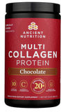 Tubo de Ancient Nutrition colageno chocolate abierto listo para mezclar.