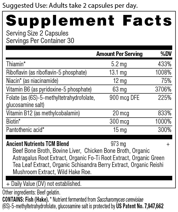 Ancient Nutrition Vitamina B Complex, cápsulas, uso práctico para energía sostenida.
