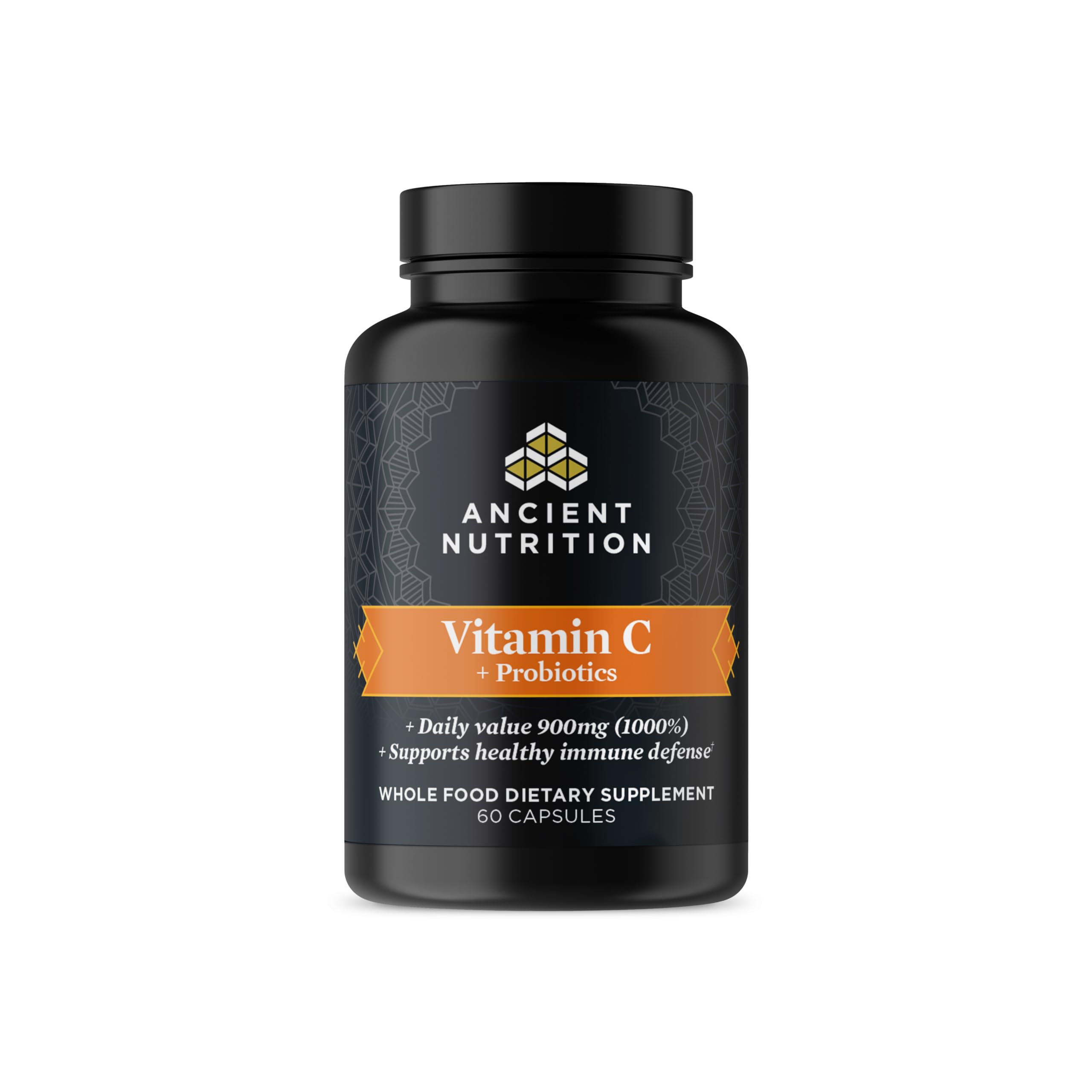 Ancient Nutrition Vitamina C y probióticos en botella para apoyo inmunológico diario.