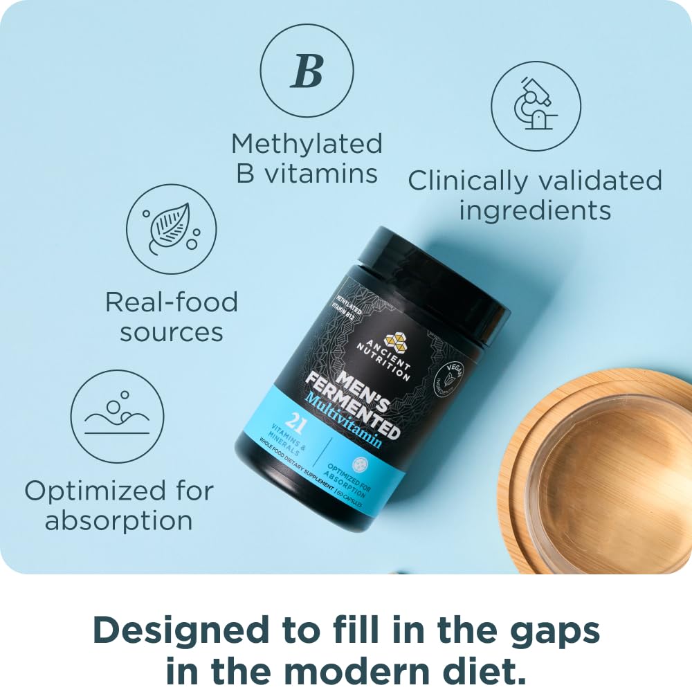 Ancient Nutrition Vitaminas clave para energía y salud ósea.