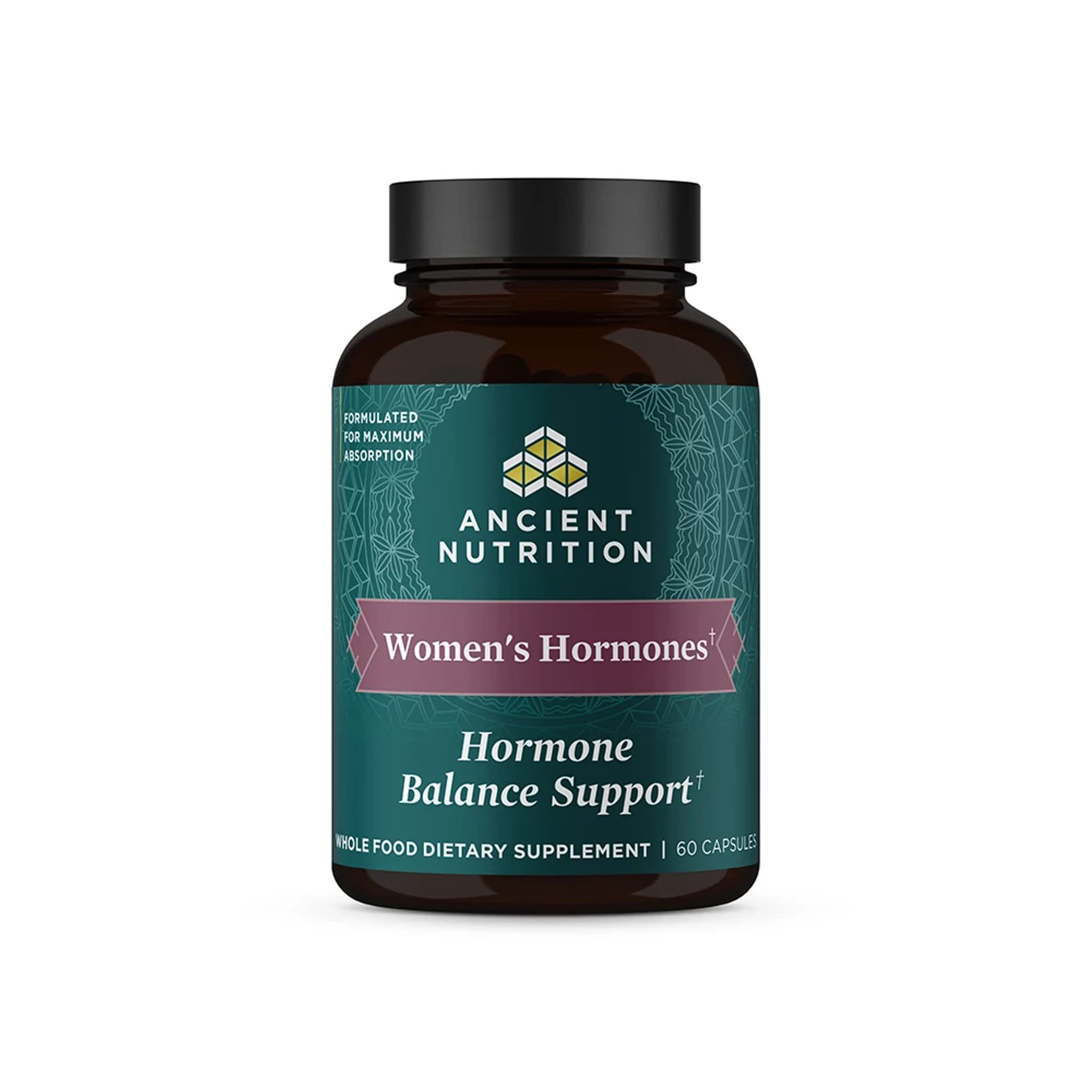 Ancient Nutrition Hormonas para Mujeres, botella con cápsulas, apoyo al equilibrio hormonal diario.