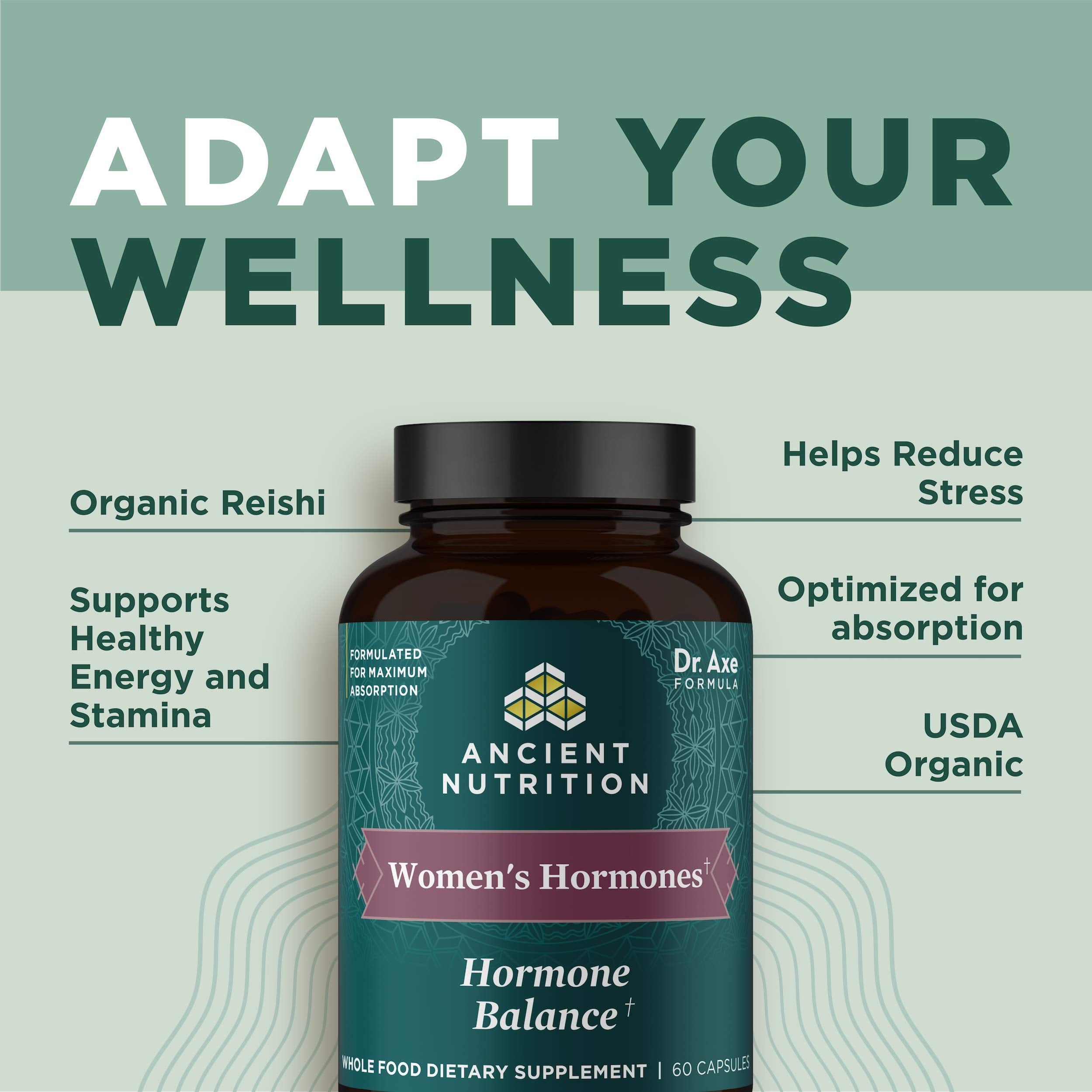 Ancient Nutrition Hormonas para Mujeres, presentación en estante, apto para dietas específicas.