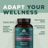 Ancient Nutrition Hormonas para Mujeres, presentación en estante, apto para dietas específicas.