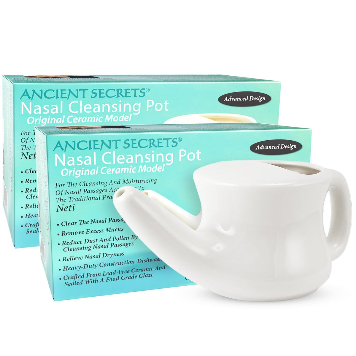 ANCIENT SECRETS Neti Pot cerámico apto para lavavajillas, limpieza nasal suave.