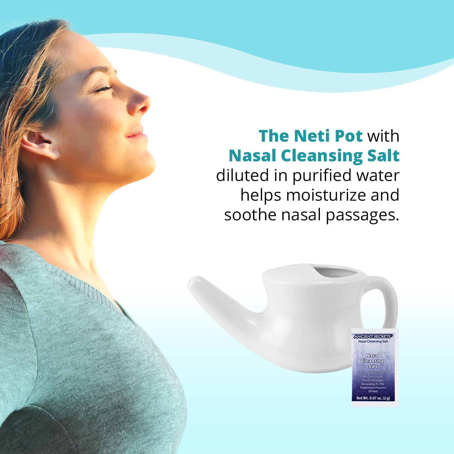 ANCIENT SECRETS Neti Pot cerámico libre de plomo con esmalte apto para alimentos.