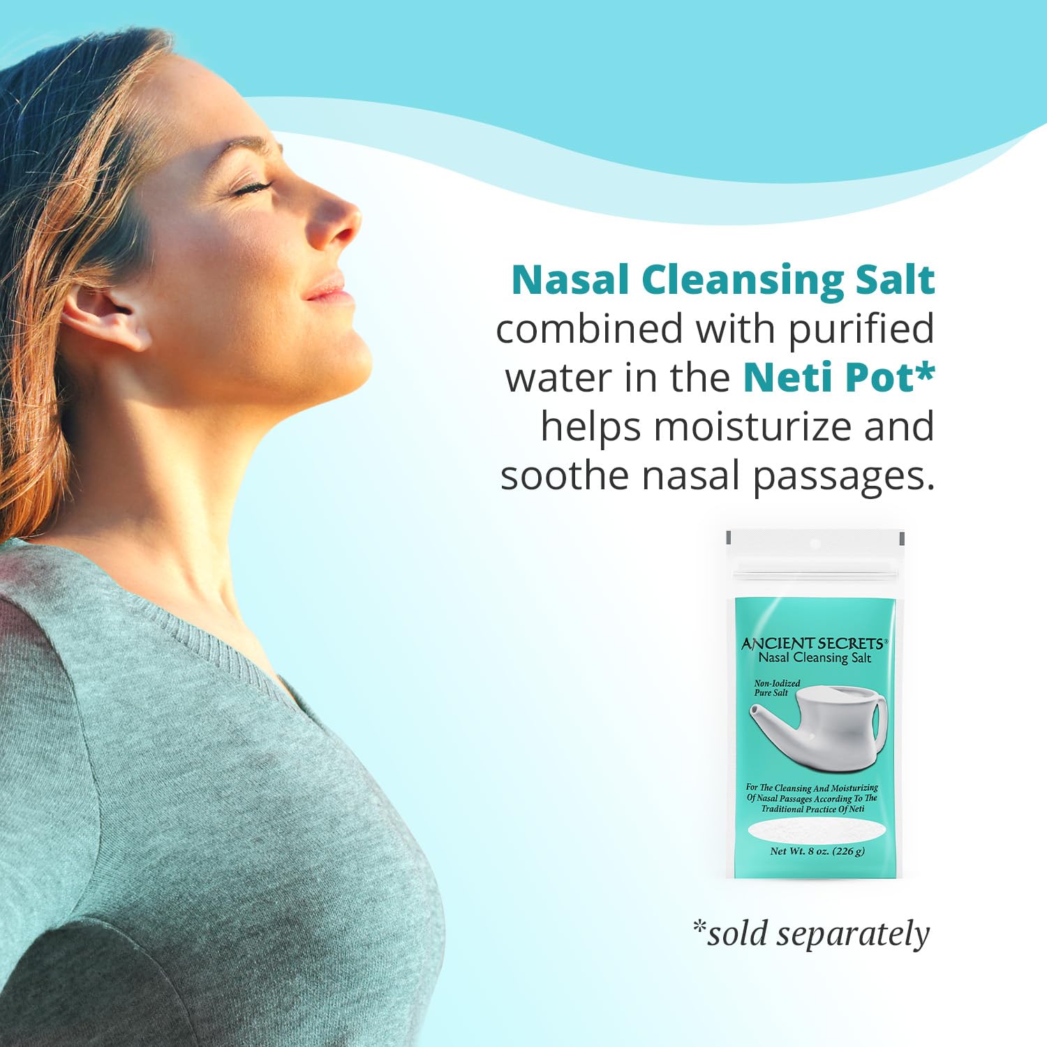 ANCIENT SECRETS sal nasal sin aditivos, ideal para limpieza nasal suave.