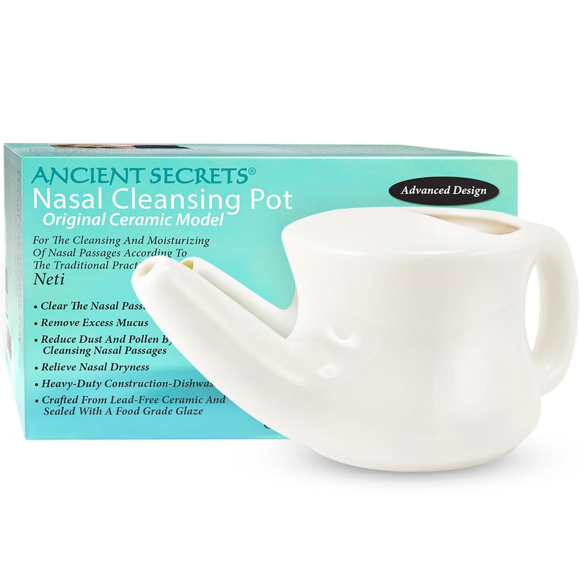 ANCIENT SECRETS Vaso neti cerámico sin plomo para limpieza nasal suave