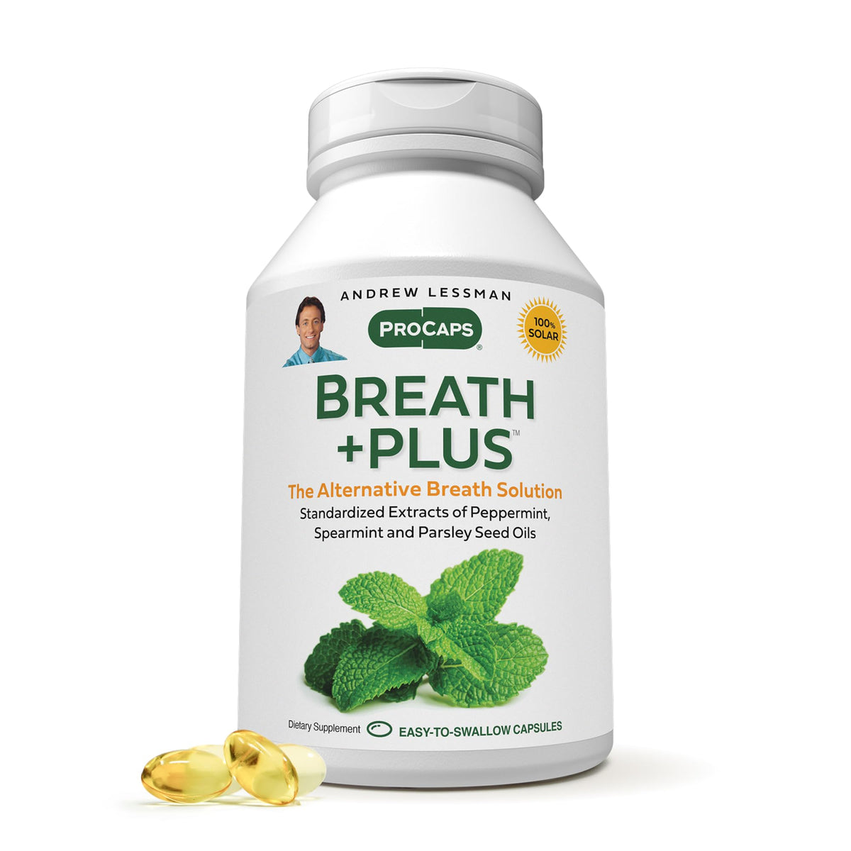 Breath Plus de ANDREW LESSMAN, botella con cápsulas suaves para aliento fresco