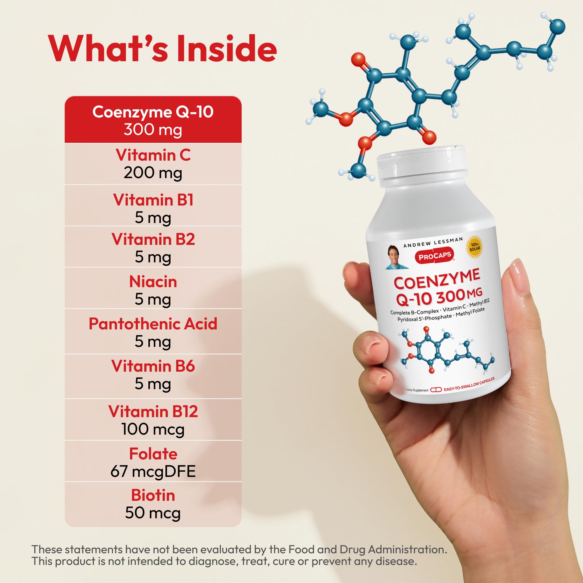 ANDREW LESSMAN Coenzima Q-10 300: etiqueta frontal que destaca la fórmula B y vitamina C.