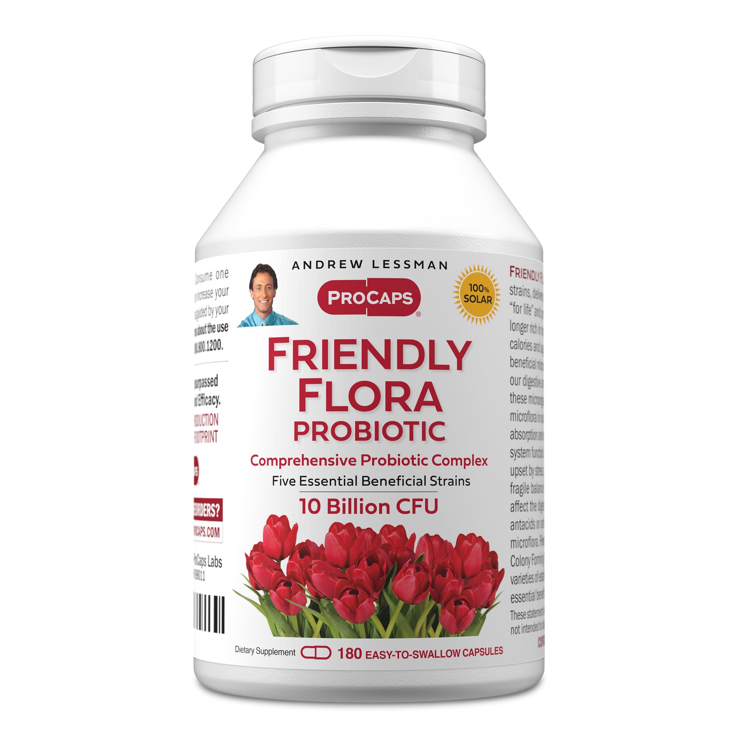 Andrew Lessman Friendly Flora Probiotic, frasco de cápsulas para apoyar la salud digestiva diaria.