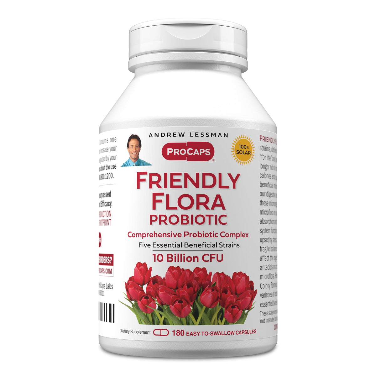 Andrew Lessman Friendly Flora Probiotic, frasco de cápsulas para apoyar la salud digestiva diaria.